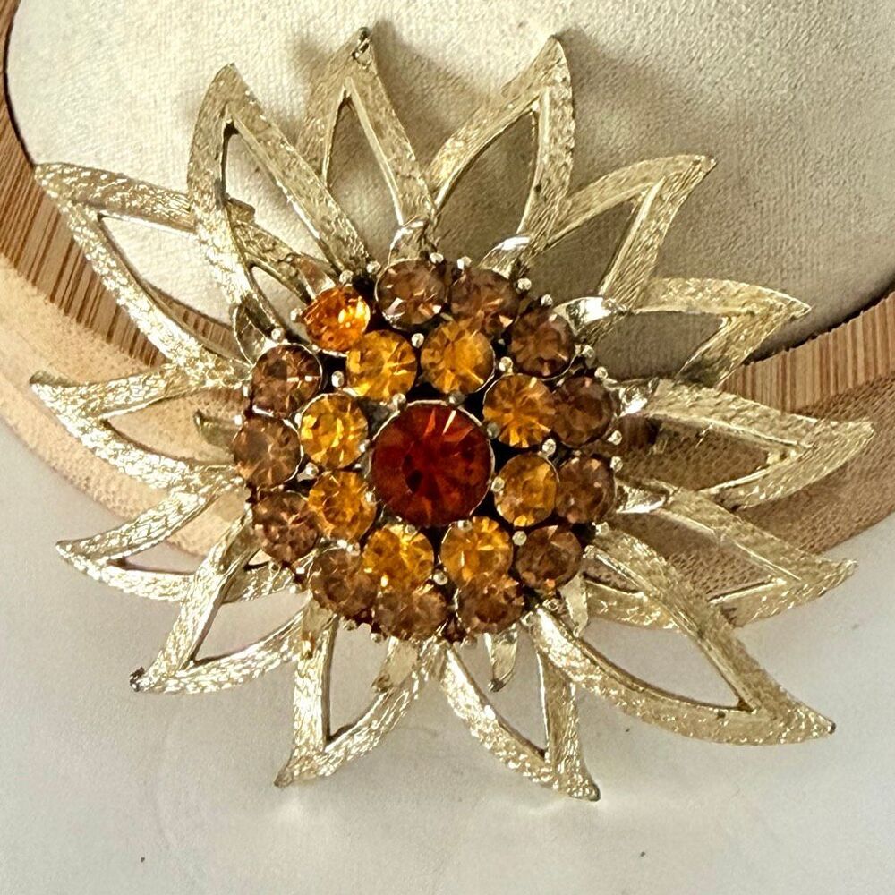 Vintage Coro Amber Golden Topaz Rhinestone Flower Brooch